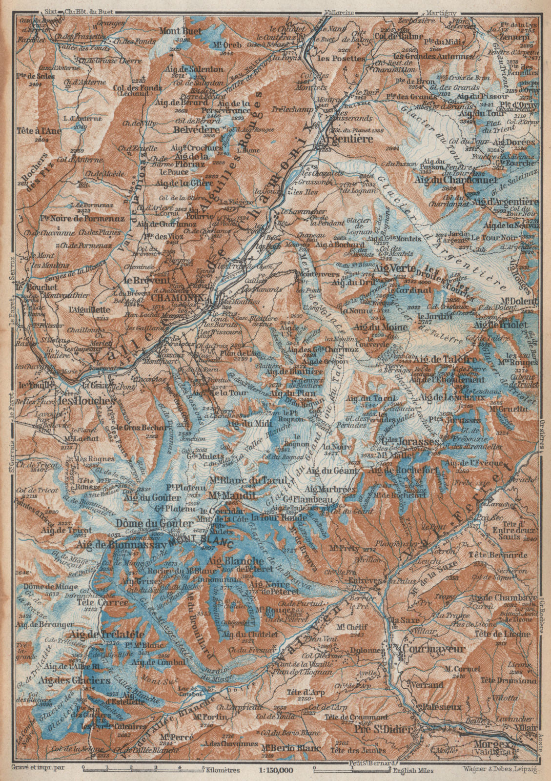 CHAMONIX & MONT BLANC MASSIF. Argentière Les Houches Courmayeur carte 1938 map
